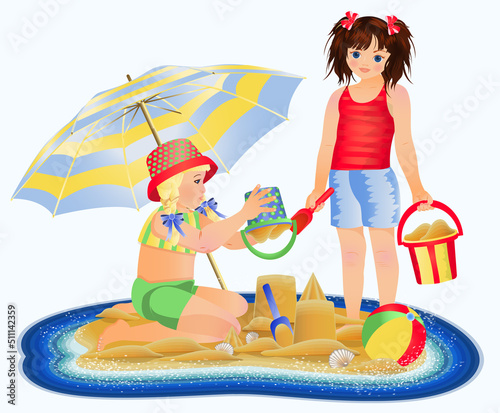Summer time card, tropical island  and  two little girls on the beach , vector illustration
