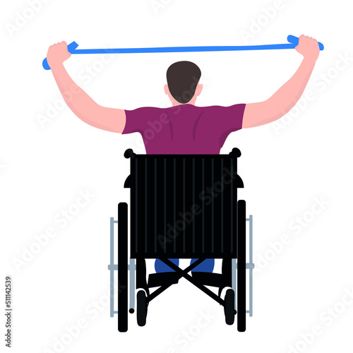 Man in wheelchair training on white background, back view