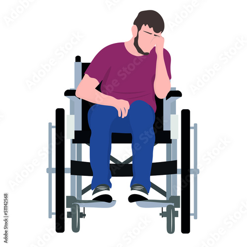 Sad man in wheelchair on white background