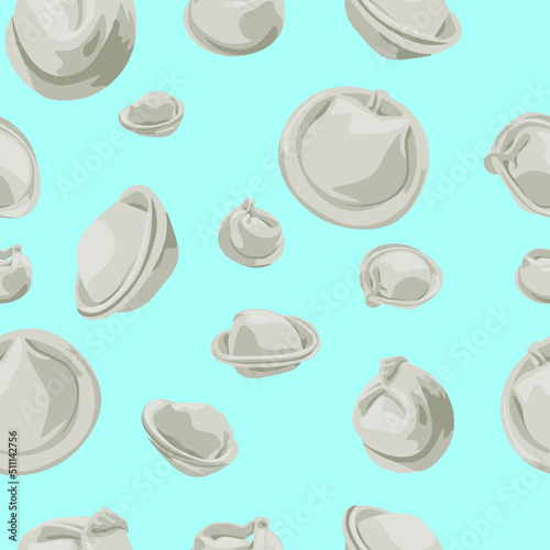 Many tasty dumplings on light blue background. Pattern for design