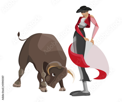Spanish bullfighting in cartoon style. Vector illustration of evil bull and matador in a red cape.