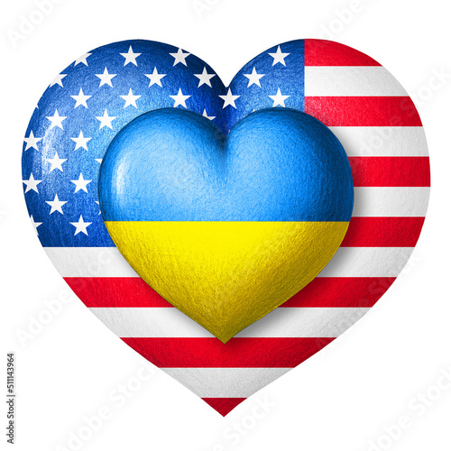 Flags of Ukraine and USA. Two hearts in the colors of the flags isolated on a white background. Protection, solidarity and help. Coalition of States.