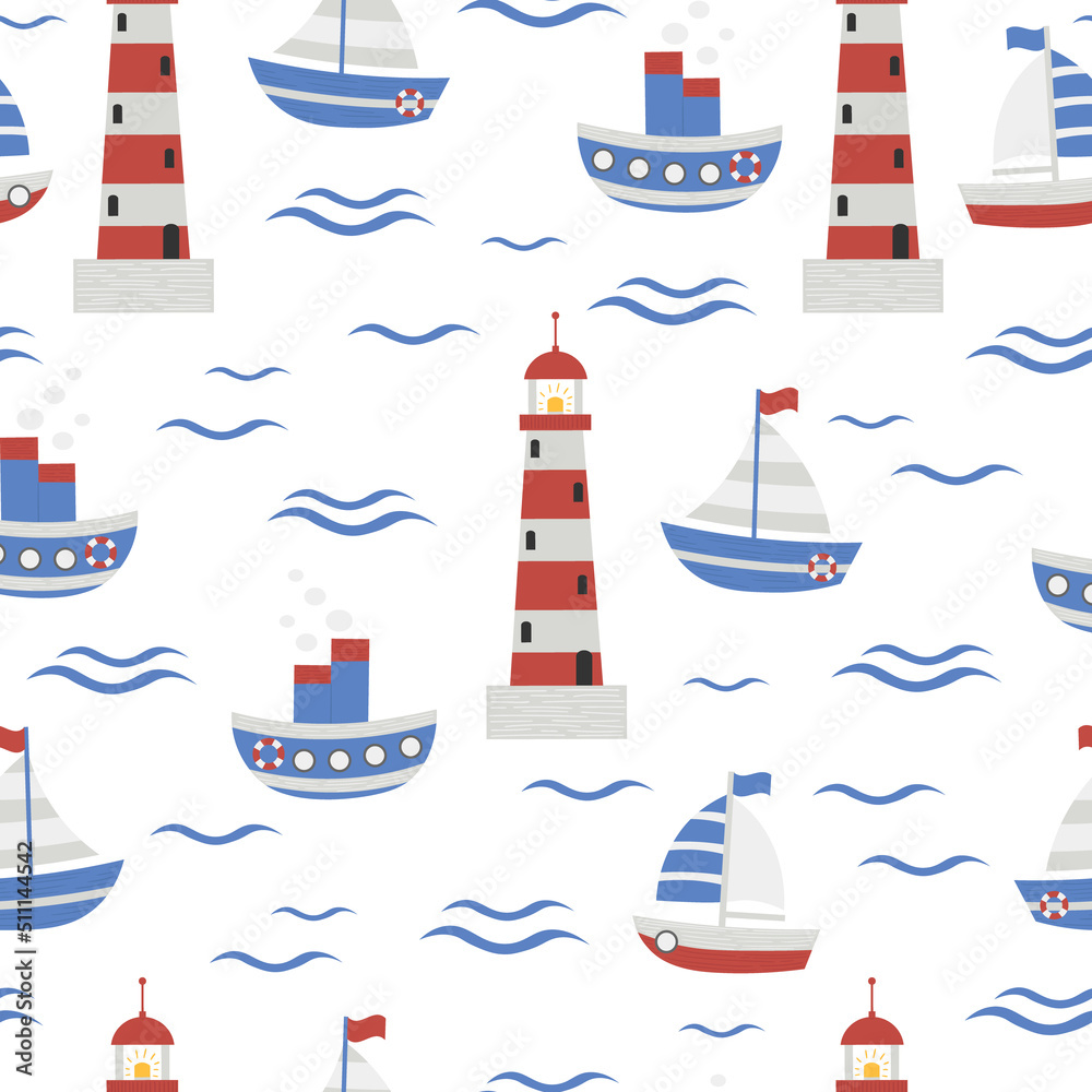 Children's illustration with a nautical theme: sea, sailing ships, steamer, lighthouse and waves. Seamless pattern with cute nautical elements. For children's textiles, backgrounds. Vector image. 