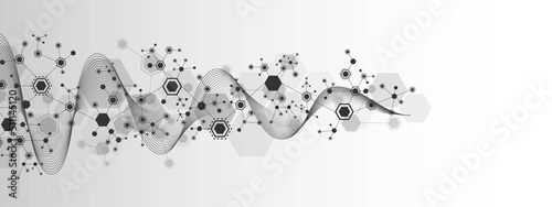 Vector halftone background. Hexagon connection pattern. Monochrome block diagram. Digital wave. Plexus elements of chemical chain. Poster presentation, technology, science, medicine, business.