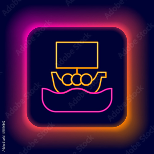 Glowing neon line Ancient viking scandinavian drakkar icon isolated on black background. Viking transport ship. Colorful outline concept. Vector