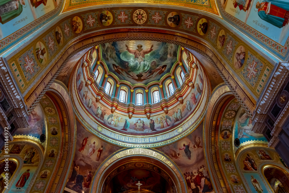 Interiors of cathedral of Christ the Savior (Khram Khrista Spasitelya), Moscow, Russia - obrazy, fototapety, plakaty 
