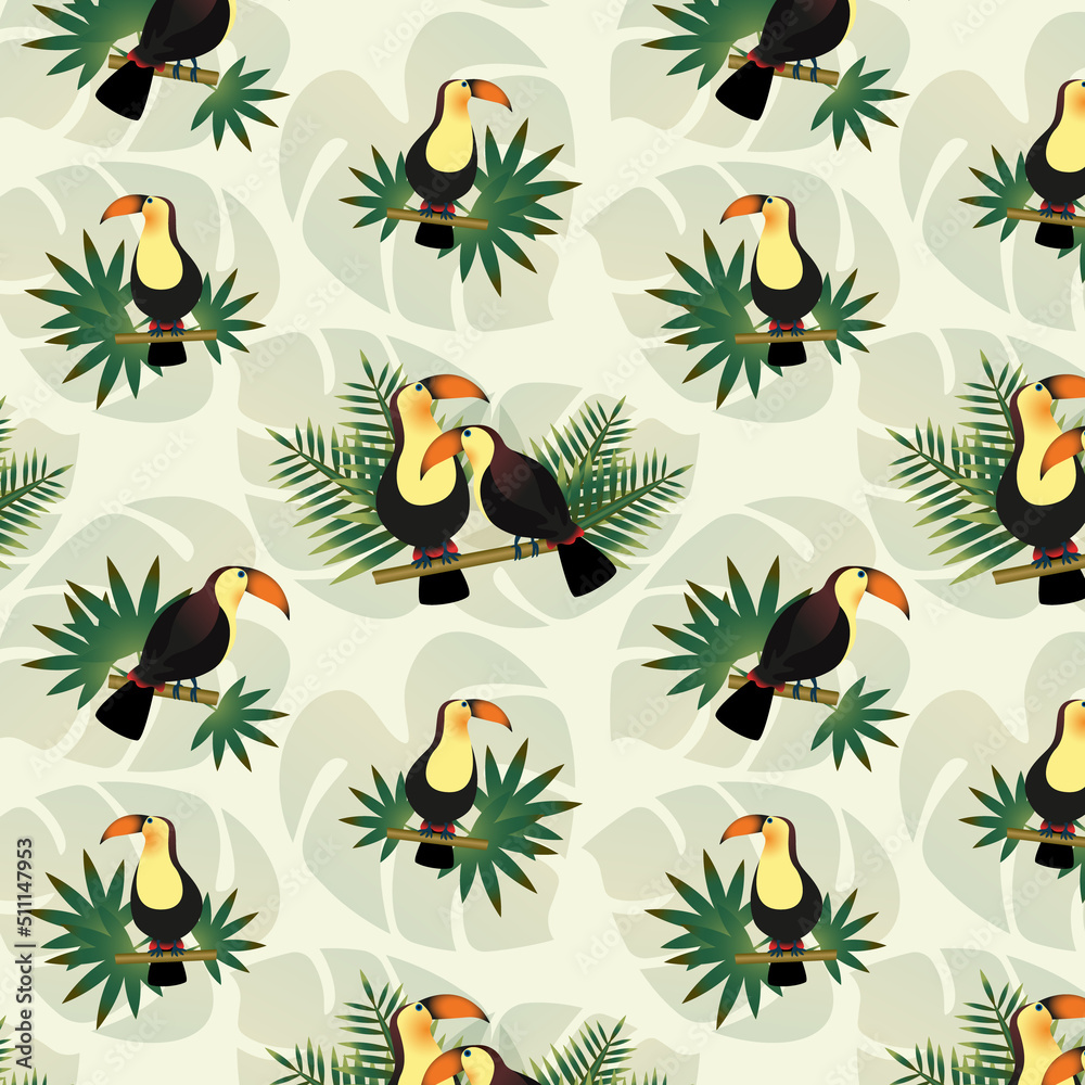 Obraz premium Seamless pattern with toucans and palm leaves. Background with exotic birds and jungle plants. Tropical wildlife concept. Vector illustration.
