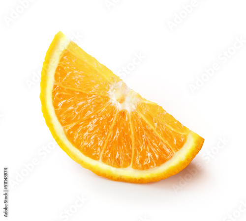 Slice of orange isolated on white background. Cut of orange fruit