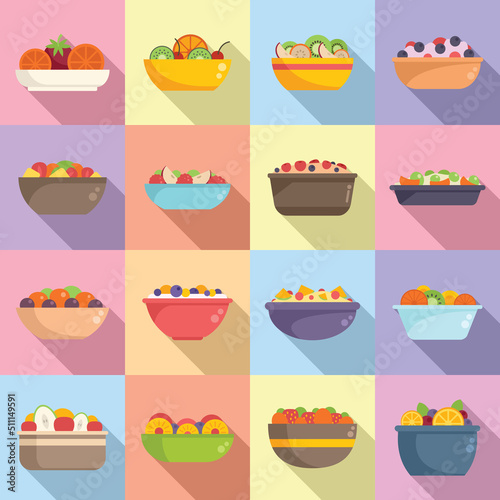 Fruit salad icons set flat vector. Meal calorie