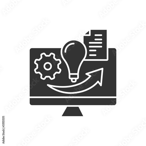  Content marketing glyph icon. Promotion brands products or services by computer. Digital marketing concept. Filled flat sign. Isolated silhouette vector illustration