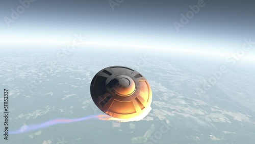 Animation of a saucer shaped UFO entering Earth's atmosphere. Plumes of fire emanate from the front as we follow it further down.