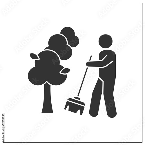 Nature glyph icon. Cleaning territory. Caring for the planet.Man with broom sweeps. Environment day concept. Filled flat sign. Isolated silhouette vector illustration