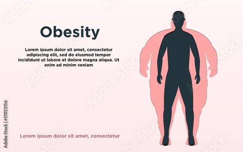 Obesity. Vector illustration with copy space. Poster with normal and obese person silhouette in paper style