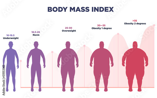 BMI poster in flat design. Vector illustration with scale of underweight to extremely obese man silhouette photo