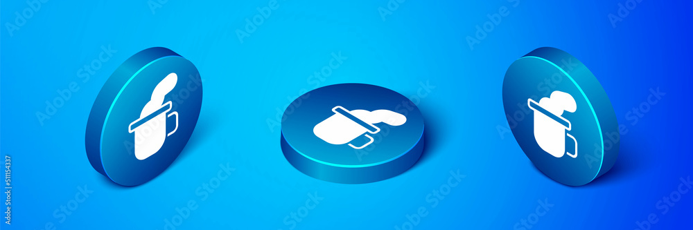 Isometric Cup of tea icon isolated on blue background. Blue circle button. Vector Isometric Cup of tea icon isolated on blue background. Blue circle button. Vector