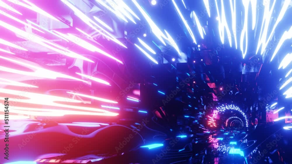 80's neon light style flight. Hi-tech neon sci-fi tunel. Trendy neon glow lines form pattern and construction in mirror tunnel. Fly through technology cyberspace. 3d looped seamless 4k bright bg.