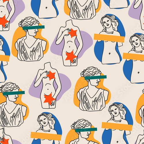Seamless pattern with Greek antique trippy sculptures and botanical elements in ancient Greek style. Vector illustration in retro style for printing wallpapers, backgrounds, postcards, covers