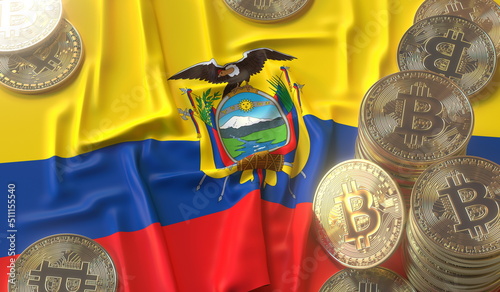 Bitcoin BTC coins or tokens and flag of Ecuador. Crypto market related 3D rendering