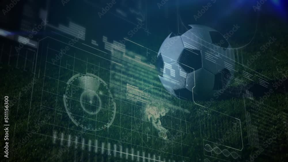 Animation of data processing over football being kicked on football pitch Animation of data processing over football being kicked on football pitch