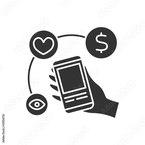 Social media marketing glyph icon. SMM. Influencer create content on smartphone. Promotions. Digital marketing concept. Filled flat sign. Isolated silhouette vector illustration