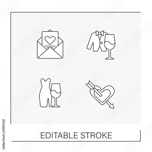 Wedding line icons set. Happy moments. Wedding ceremony and celebration for couple and guests. Party concepts. Isolated vector illustrations. Editable stroke