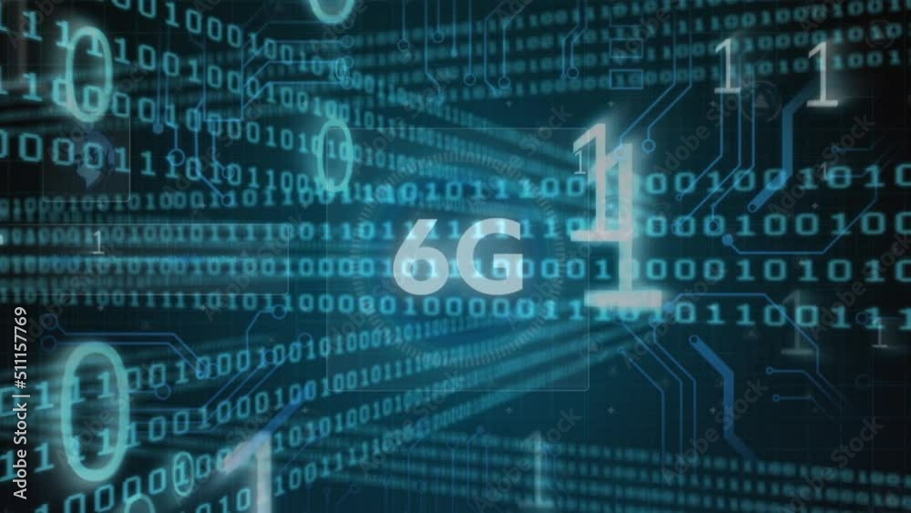 6g text and binary coding data processing against microprocessor connections on blue background
