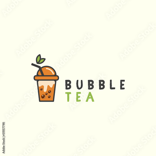 bubble tea with flat color style logo icon template design. milk, boba , ice, vector illustration
