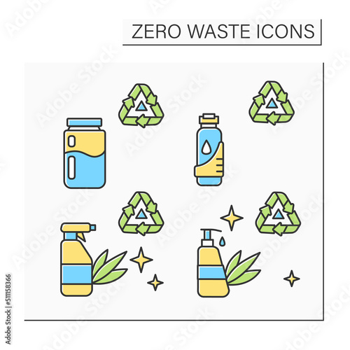 Zero waste color icons set. Trash sorting, recycling and reuse. Drinking bottle, glass jar, cleaning spray and bathroom dispenser. Isolated vector illustrations