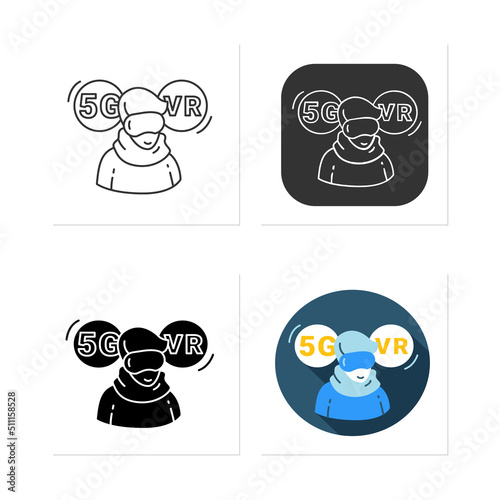 5g vr icons set. Virtual reality technology development with 5th generation internet concept. Man wearing vr glasses.Collection of icons in linear, filled, color styles.Isolated vector illustrations