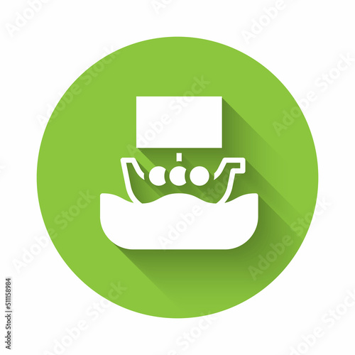 White Ancient viking scandinavian drakkar icon isolated with long shadow background. Viking transport ship. Green circle button. Vector