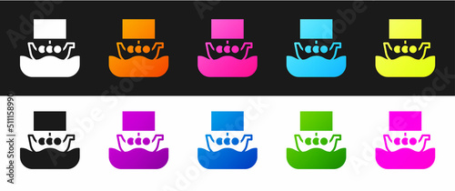 Set Ancient viking scandinavian drakkar icon isolated on black and white background. Viking transport ship. Vector