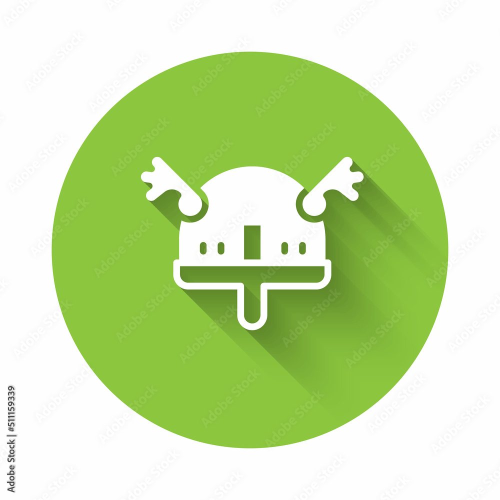 White Viking in horned helmet icon isolated with long shadow background. Green circle button. Vector White Viking in horned helmet icon isolated with long shadow background. Green circle button. Vector