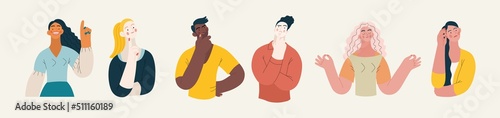 People portrait - Thinking people set-Modern flat vector concept illustration of a young people thinking about something, half-length portrait, user avatar. Creative landing web page template photo