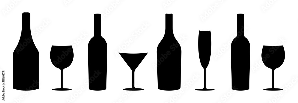 Wine bottle with wine glass icon or silhouette. Alcohol symbol. Vector illustration. Wine bottle with wine glass icon or silhouette. Alcohol symbol. Vector illustration.