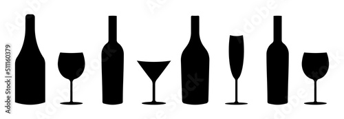 Wine bottle with wine glass icon or silhouette. Alcohol symbol. Vector illustration.