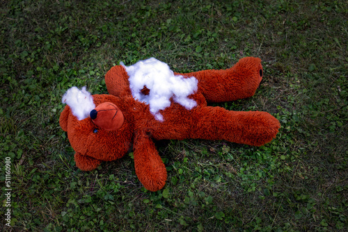 Obraz na plátne destroyed stuffed teddy bear lying on the floor outside