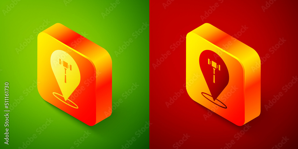 Isometric Auction hammer icon isolated on green and red background. Gavel - hammer of judge or auctioneer. Bidding process, deal done. Auction bidding. Square button. Vector Isometric Auction hammer icon isolated on green and red background. Gavel - hammer of judge or auctioneer. Bidding process, deal done. Auction bidding. Square button. Vector