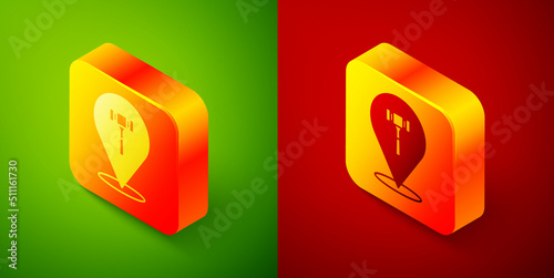 Isometric Auction hammer icon isolated on green and red background. Gavel - hammer of judge or auctioneer. Bidding process, deal done. Auction bidding. Square button. Vector