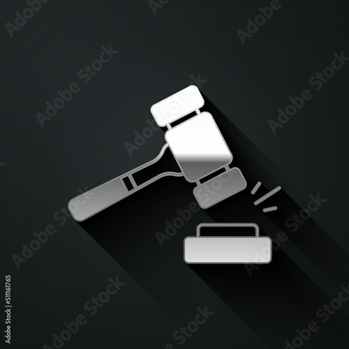 Silver Auction hammer icon isolated on black background. Gavel - hammer of judge or auctioneer. Bidding process, deal done. Auction bidding. Long shadow style. Vector