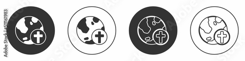 Black Christian cross with globe Earth icon isolated on white background. World religion day. Circle button. Vector