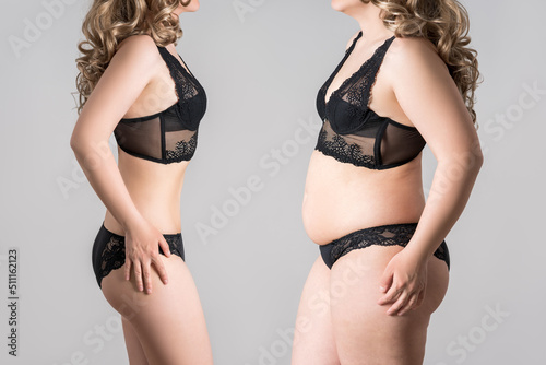 Woman's body before and after weight loss on gray background