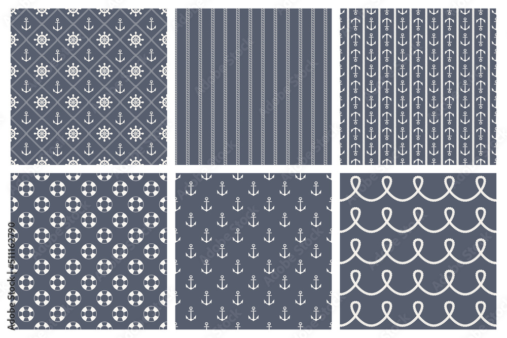 White, Blue Vector Nautical Seamless Pattern Set. Sea, Marine Backgrounds. Seamless Texture, Hand Drawn Nautical Anchors, Marine Wheels, Ropes, Lifebuoys. Design Template for Textile, Wallpaper, Print