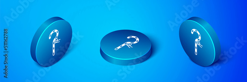 Isometric Crook icon isolated on blue background. Ancient Egypt symbol. Scepters of egypt. Blue circle button. Vector