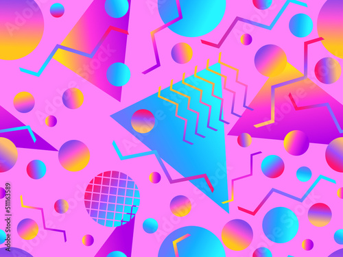 Memphis seamless pattern with geometric gradient shapes. Colorful geometric pattern in 80s style. Design for banners, promotional products and posters. Vector illustration