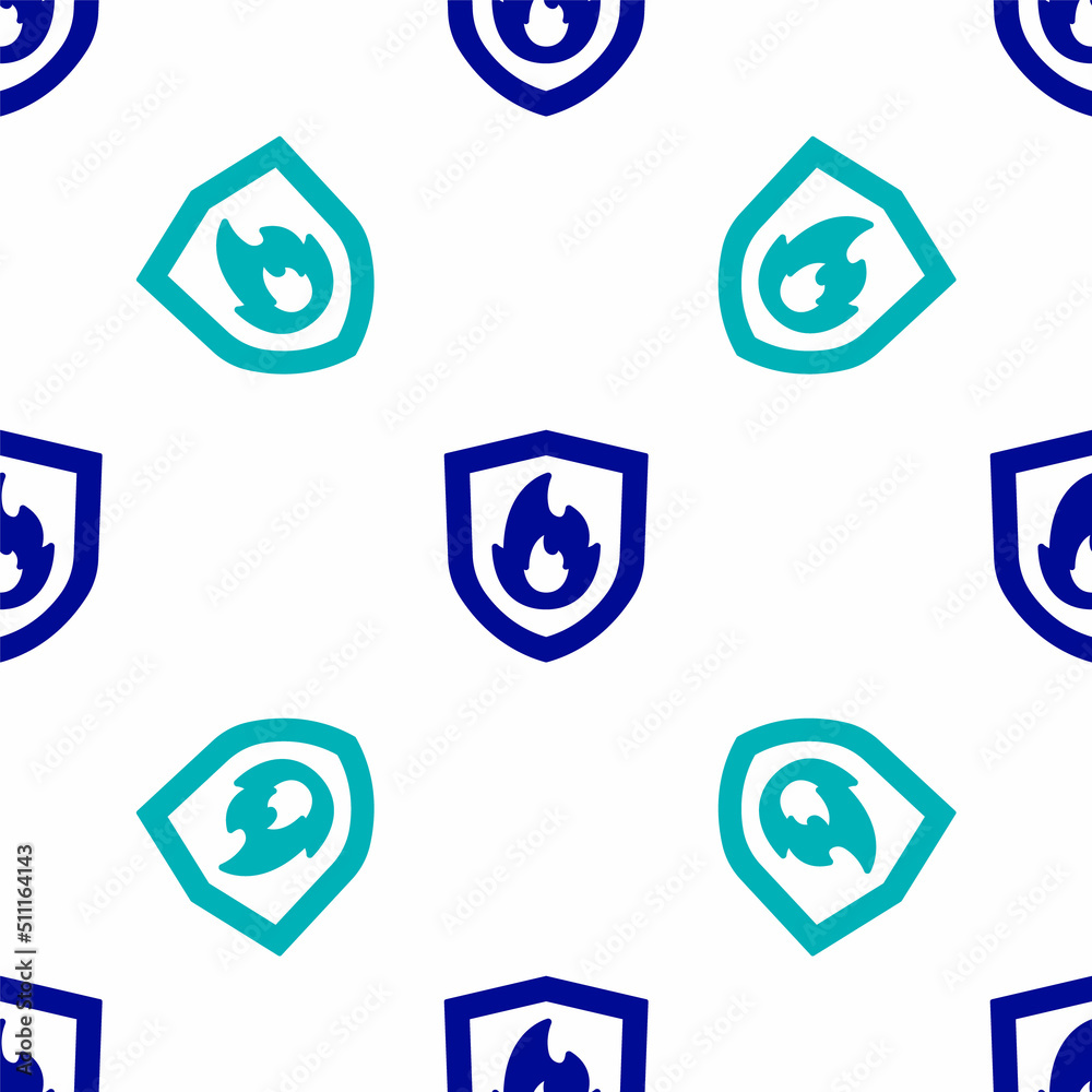 Blue Fire protection shield icon isolated seamless pattern on white background. Insurance concept. Security, safety, protection, protect concept. Vector Blue Fire protection shield icon isolated seamless pattern on white background. Insurance concept. Security, safety, protection, protect concept. Vector