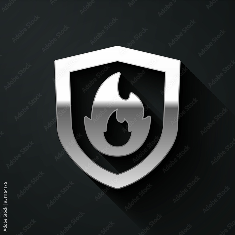Silver Fire protection shield icon isolated on black background. Insurance concept. Security, safety, protection, protect concept. Long shadow style. Vector Silver Fire protection shield icon isolated on black background. Insurance concept. Security, safety, protection, protect concept. Long shadow style. Vector