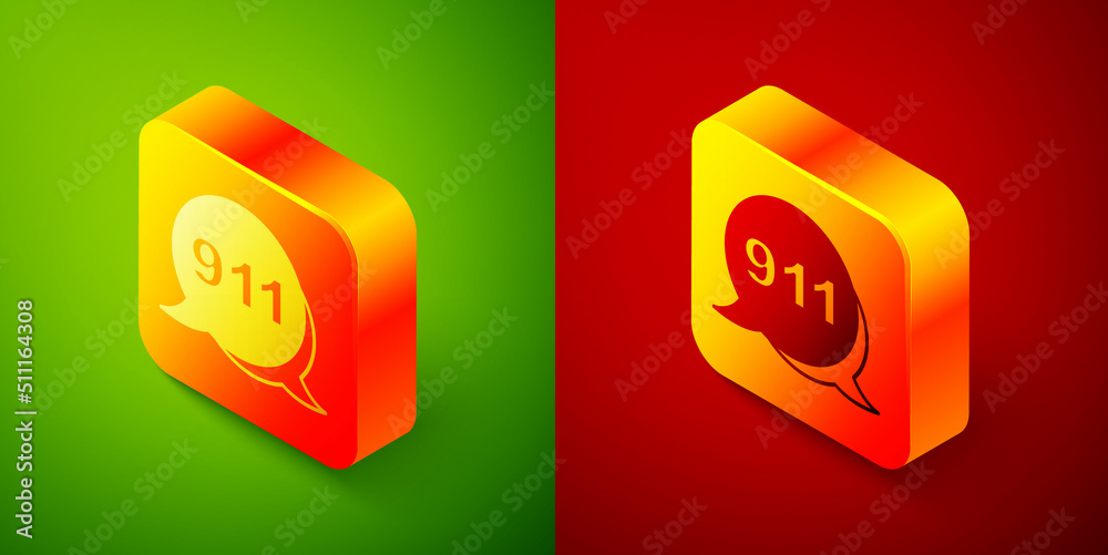 Isometric Telephone with emergency call 911 icon isolated on green and red background. Police, ambulance, fire department, call, phone. Square button. Vector Isometric Telephone with emergency call 911 icon isolated on green and red background. Police, ambulance, fire department, call, phone. Square button. Vector