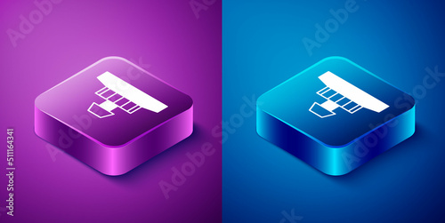 Isometric Smoke alarm system icon isolated on blue and purple background. Smoke detector. Square button. Vector
