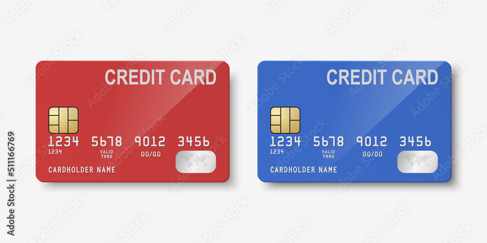 Vector 3d Realistic Red and Blue Blank Credit Card Isolated. Design Template of Plastic Credit or Debit Card for Mockup, Branding. Credit Card Payment Concept. Front Side Vector 3d Realistic Red and Blue Blank Credit Card Isolated. Design Template of Plastic Credit or Debit Card for Mockup, Branding. Credit Card Payment Concept. Front Side