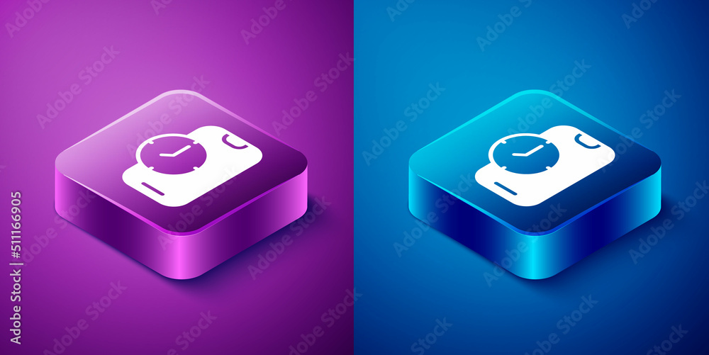 Isometric Alarm clock app smartphone interface icon isolated on blue and purple background. Square button. Vector Isometric Alarm clock app smartphone interface icon isolated on blue and purple background. Square button. Vector